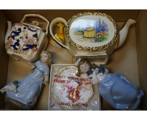 Ceramics - two Nao figures of young girls with puppies; Royal Crown Derby Posies pin dish, boxed; a Mason's teapot; a Crinoli