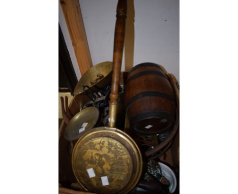 A set of kitchen scales with brass pans; a brass jam pan; a small wooden barrel; others, brass trivets, Kilner jars, ceramic 