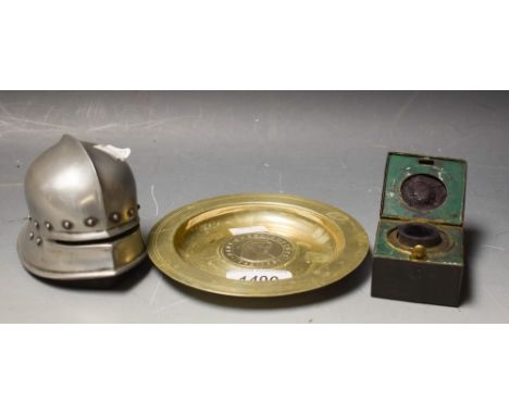 A Victorian travelling inkwell; a Medieval helmet desk weight; a Mary Queen of Scots dish (3)