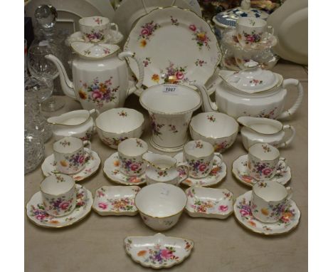 A Royal Crown Derby Posie pattern tea set for six, comprising teapot, milk and sugar, six teacups and saucers, tea plates, br