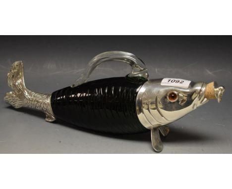 A novelty 19th Century style silver plated fish shaped decanter, glass eyes, 35cm long