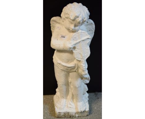 Garden ornament - a reconstituted stone cherub playing the violin, 72cm in height