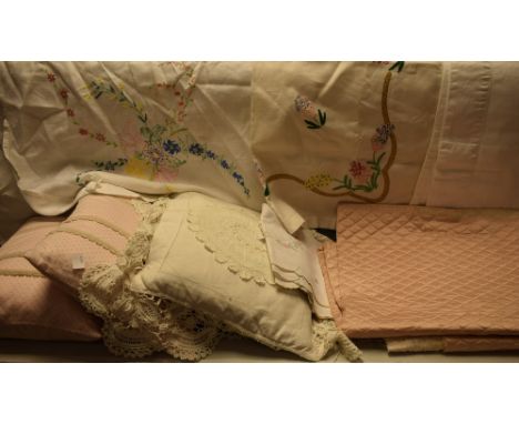 Textiles - lace-edged linen and hand embroidered table cloths; late 19th/early 20th century lace-edged cushion; further embro