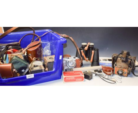 A pair of Agfa binoculars; others; an Ensign box camera; telescope lenses, filters etc