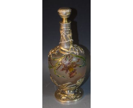 A French 19th Century style glass decanter with silver coloured metal overlay, the glass applied with colourful flowers in lo