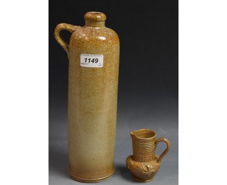 A Derbyshire saltglaze flask; a miniature saltglaze jug (2)