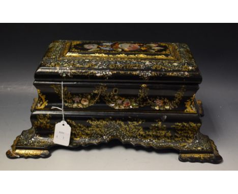 A papier mache tea caddy, mother of pearl inlay, c.1860