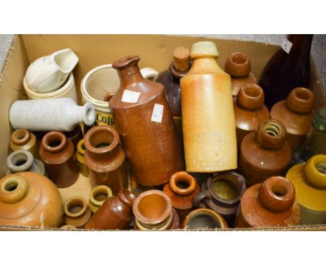 Stoneware advertising ginger beer bottles, transfer printed and incised including Newman of Yarmouth, Batey, R. White, etc; o