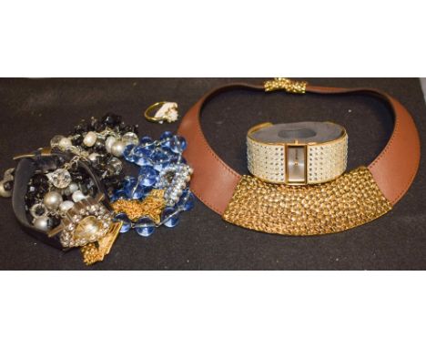 Costume jewellery - a Roberto Cavalli necklace, brown leather with yellow metal modernist fittings, boxed; a Pierre Cardin go