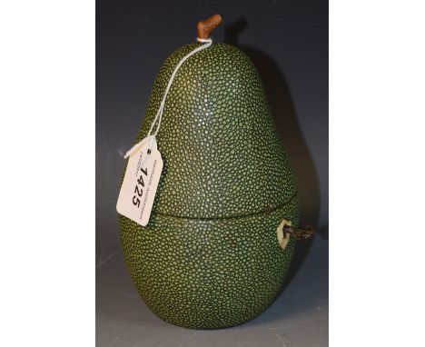 A faux Shagreen pear shaped tea caddy, bone shield shaped escutcheon, with key, 18cm high