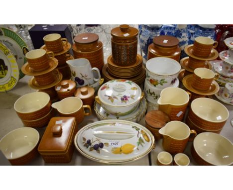 A Hornsea Pottery Saffron pattern part dinner and tea set comprising plates, side plates, soup bowls, cups and saucers, jugs,