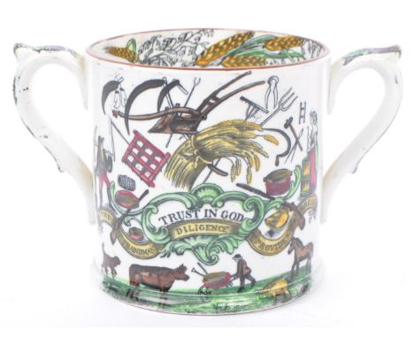A 19th Century Victorian Staffordshire two handled ceramic / porcelain loving / cider mug with quote 'Trust in God - The Husb