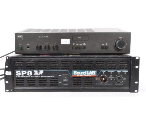 Two vintage 20th century musical hardware devices. Including a Soundlab SP8 2 channel power amplifier and NAD 3020e Stereo Am