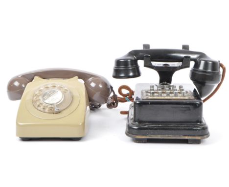 A vintage mid 20th century circa 1970s telephone. In a green colourway, plastic construction with ring dial. Together with an