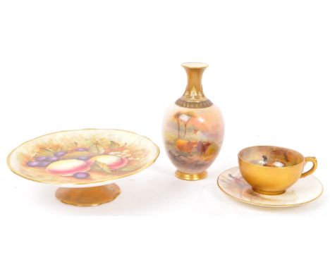 Royal Worcester - Early 20th Century Royal Worcester china porcelain small gold gilt cup and saucer with pheasant design on t