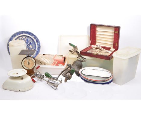 Kitchenalia&nbsp; - An assortment of various post WWII items in large box from retro Tupperware to utensils: large jam making