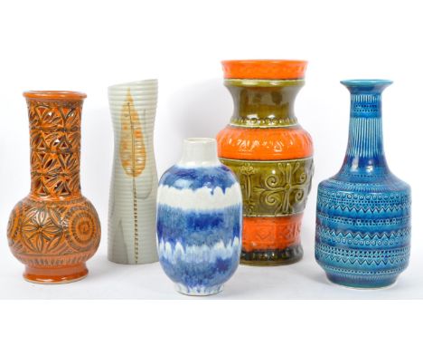 An assortment of five vintage mid 20th century ceramic studio / art pottery vases. The lot comprising of a&nbsp;West German K