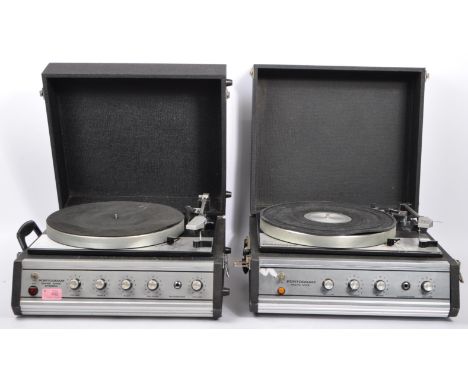 A pair of vintage 20th century Portogram mark nine stereo record players being black hinged plastic case with carry handle to