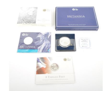 A collection of five United Kingdom UK Britannia / Royal Mint&nbsp;brilliant uncirculated&nbsp;fine silver proof coins. To in