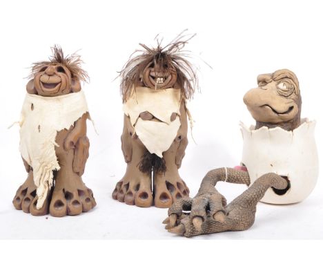 Three contemporary handmade 'Kallaharees' African studio pottery happy troll figures and bird by ceramic artist 'Lidi'. Mythi