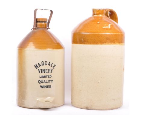 Two Victorian 19th century two tone ceramic stoneware flagons. The lot comprising a flagon with stopper marked 'MAGDALE VINER