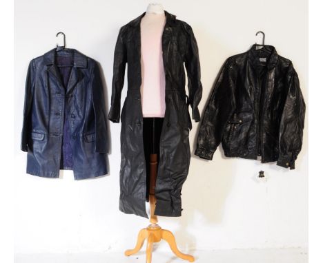 Three vintage 20th century gents men's real leather jackets to include a Lorenz black tooled bomber jacket, a black full leng