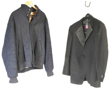 Two vintage coats / jackets&nbsp;by Moss Brothers &amp; Loro Piana. One blazer style in a black colourway with green lining, 