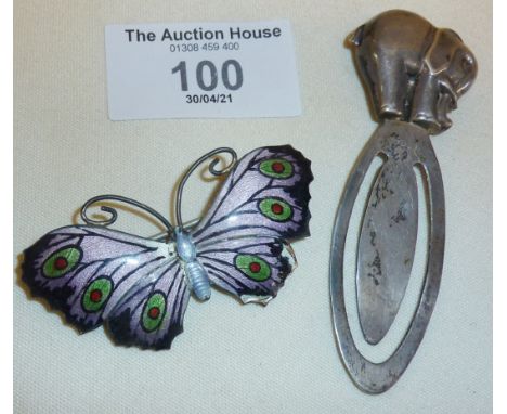 Silver hallmarked elephant bookmark by Douglas Pell - 1996, and an enamelled Sterling silver butterfly brooch by John Aitkin 