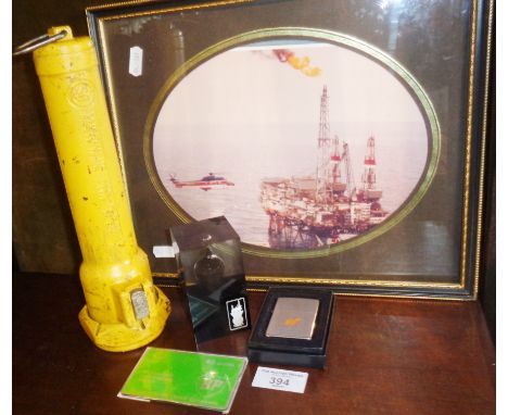 Oil drilling platform souvenirs, inc. BP Offshore Payphone Card, Santa Fe Drilling lighter, BNOC paperweight, Safety torch, f