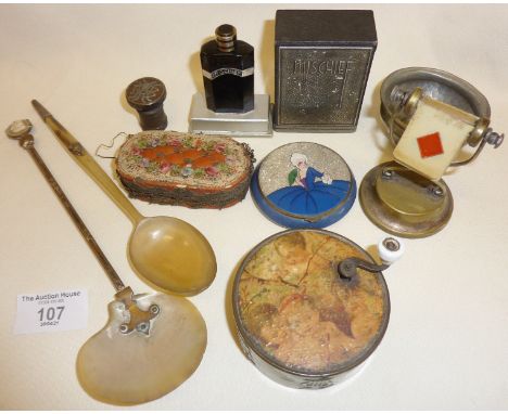Art Deco Mischief perfume in box by Saville, horn and shell spoons, old music box, enamel compact etc.