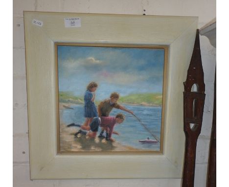 John RABBETTS oil on board of children at play with model boat