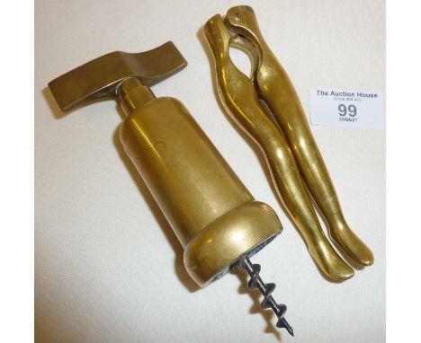 Brass corkscrew and figural ladies' legs nutcracker