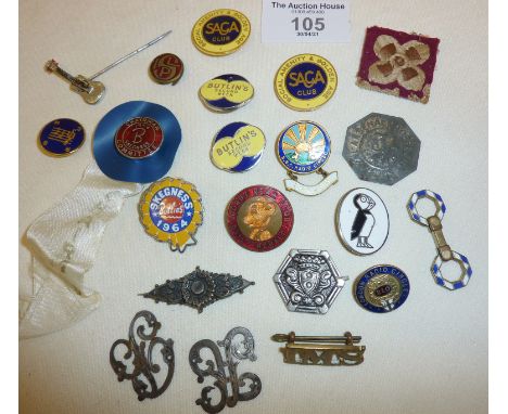 Collection of vintage enamel badges, including Butlins and the Chairman of the 1964 Skegness Committee, Bobby Bear Club, Lond