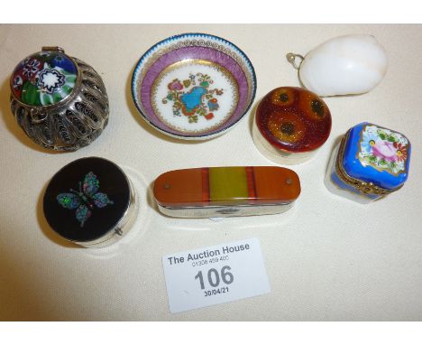 Six small pill or trinket boxes, some silver and one with amber bakelite lid, Austrian miniature enamel dish, etc.