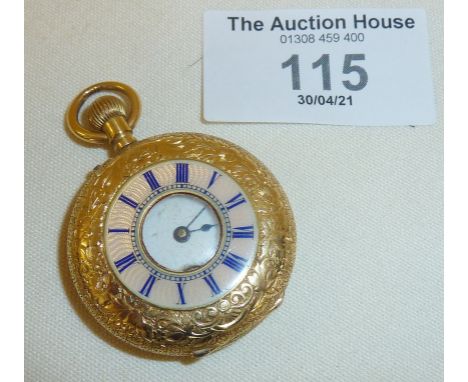 18ct gold and guilloche enamel ladies' pocket watch, gross weight approx, 36g