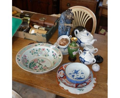 Collection of assorted Chinese and Japanese ceramics, inc. famille rose basin, Imari plate, Cloisonné vase, etc.