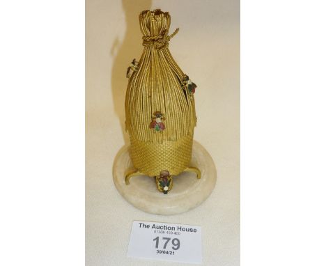 19th c. French gilt metal beehive perfume bottle casket or case, decorated with enamel bees and standing on a marble base, co