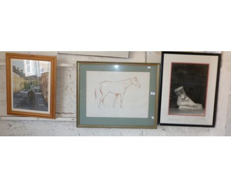 A Richard Grasby limited edition lithograph of a red chalk sketch of a horse, a charcoal study of a man's foot and a watercol