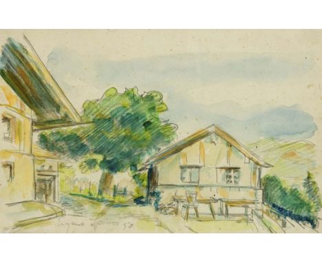 Eugen Spiro (1874-1972), dt.-amerikanischer Portrait- und Landschaftsmaler. Bauernhaus iin hügeliger Landschaft, Aqaurell übe