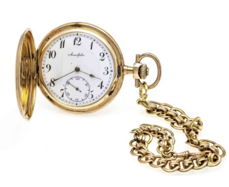Sprungdeckel Herrentaschenuhr 585/000 GG, 3 Deckel, bez. Amalpha, weißes Emaille Zifferblatt mit arab. Ziffern und vergoldete