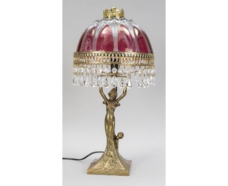 Figürliche Lampe im Jugendstil-Stil, 20. Jh., Messing/Bronze. Schaft als stehende Frau im Kleid den Lampenschirm haltend, von