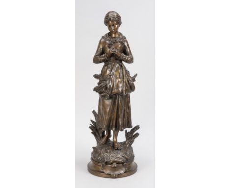 Charles Anfrie (1833-1905), junge Bäuerin im Angelus-Gebet, braun patinierte Bronze auf Terrainsockel, darin sign., auf Plake