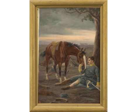 Monogrammist KR, um 1900, Pferd steht bei einem verwundeten Soldaten auf einem Schlachtfeld mit Gefallenen, Öl auf Karton, u.