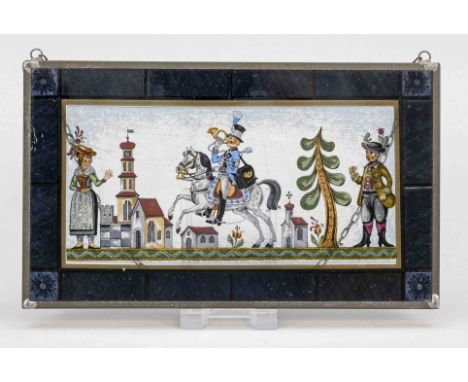 Glasmalerei, 19./20. Jh., Dorfszene mit Kirche mit Postbote auf weißem Schimmel, im Bild signiert Monogram R. In schmalem Eis