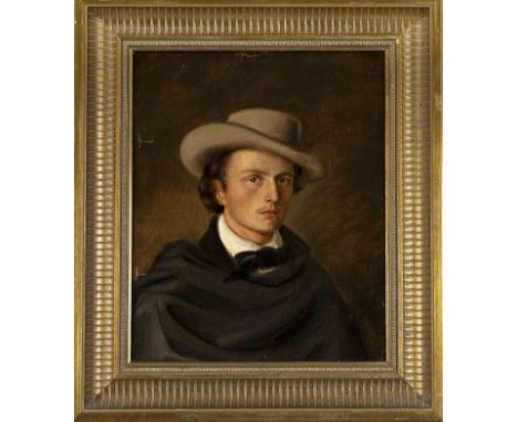 Anonymer Bildnismaler 1. H. 19. Jh., Portrait eines jungen Mannes mit breitkrempigem Hut, Öl auf Lwd. auf Karton kaschiert, u