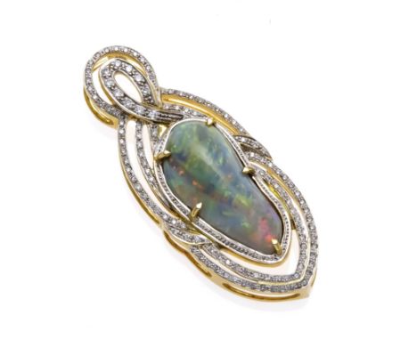 Opal-Brillant-Anhänger GG 750/000 mit einem exzellenten Opal-Cabochon 24 x 11 mm mit exzellentem Farbenspiel in allen Farben 