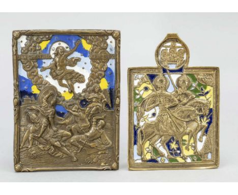 2 Metallikonen, Russland, 19./20. Jh., Bronze/Messing und polychrome Emaille, bis 13 x 10 cm