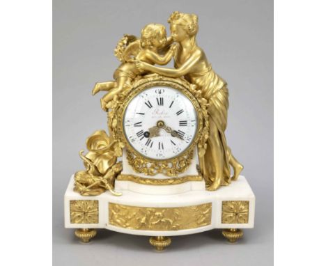 franz. Bronze Pendule, feuervergoldet, weißer Marmor, 2.H. 19.Jh., bez. Robin Hger Du Roy Paris, Darstellung einer Frau die A