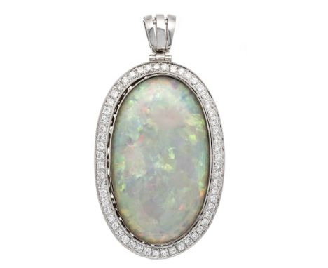 Opal-Brillant-Anhänger WG 750/000 ungest., gepr., mit einem großen, ovalen Opal-Cabochon 45 x 27 mm mit exzellentem Farbenspi