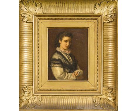 Jacob Taanman (1836-1923), niederländischer Genre- und Landschaftsmaler. Portrait einer jungen Frau mit Halskrause und Fächer